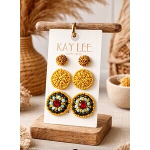 Kay Lee Yrllow Boho Beaded Earring Trio NWT